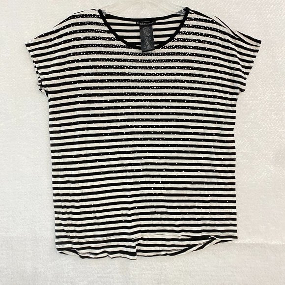 Design History Black White Stripe Top Woman Medium Rhinestones Viscose Knit - Picture 1 of 10